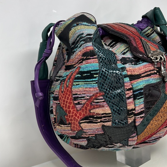 Sharif Large Python Croc Ikat Leather Drawstring Snap Flap Bucket Shoulder Bag - Picture 5 of 16